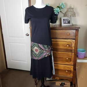 Zara Basic Soft Black Tee with Hip Scarf Midi Dress womens S small Crew Neck